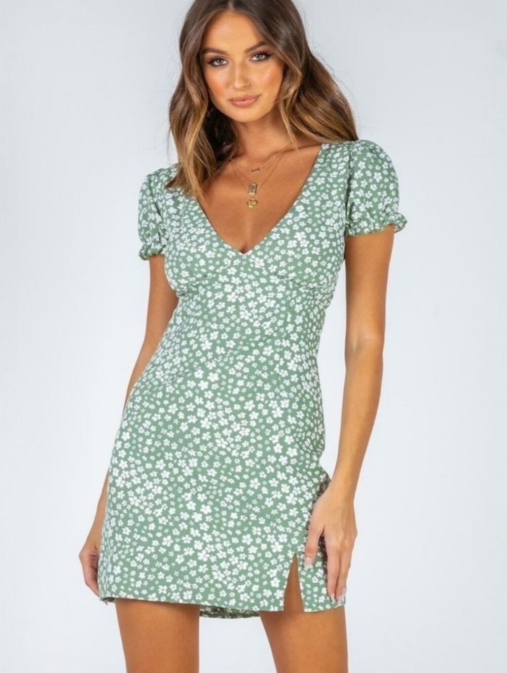 PRINCESS POLLY Kasey Dress Green White Floral Mini Size 12 Puff Sleeve Open Back